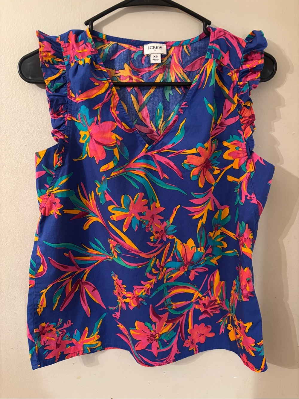 J.Crew XS Floral Ruffle Sleeveless Top | Blue Tropical Print | Lightweight
